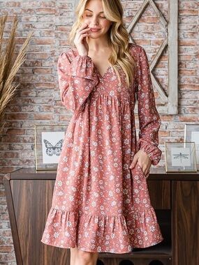 Plus Size XXXL Floral V-Neck Long Sleeve Swing Dress